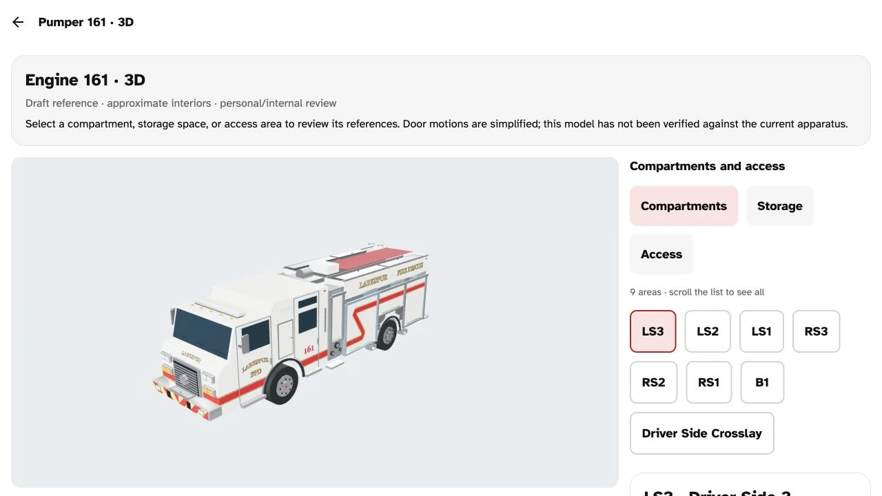 Station Study's interactive 3D fire-engine explorer with compartment and equipment controls.