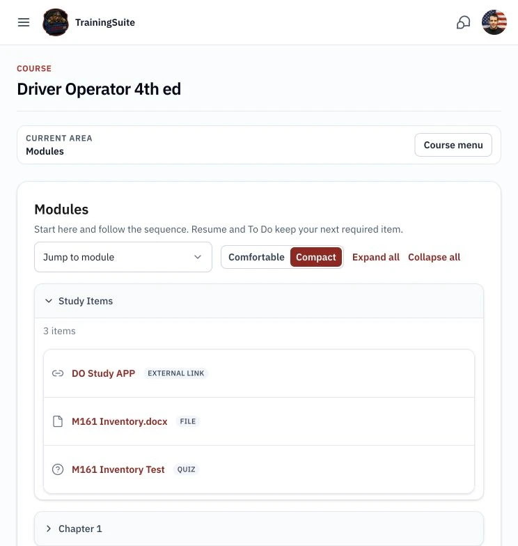TrainingSuite Driver Operator course modules with study resources, files, and a quiz.